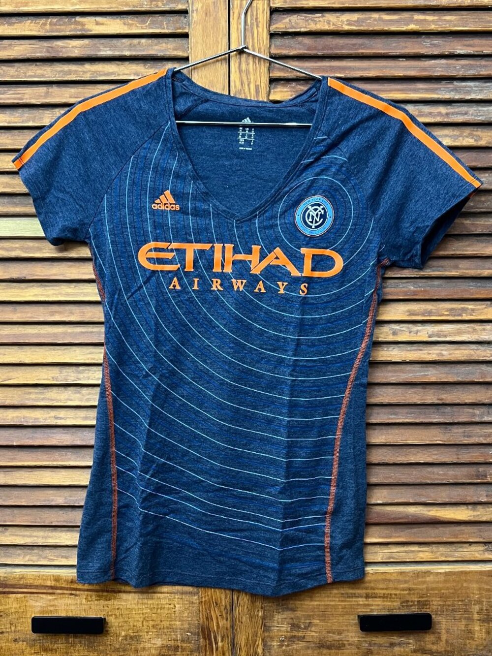 Adidas NYCFC t shirt, v-neck, heathered blue, medium